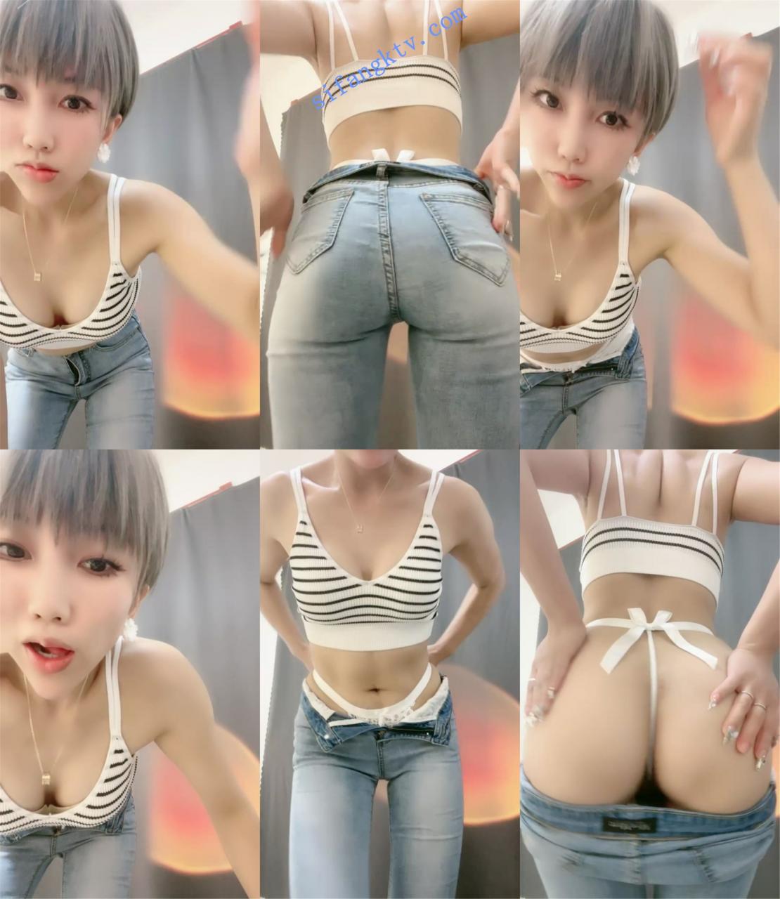紧身短发美女! JVAN 牛仔裤,穿着紧身裤自慰潮喷裤裆里 图 01